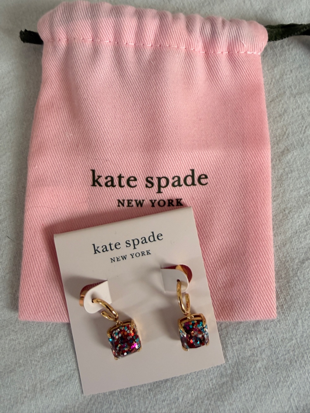 kate spade Gold Hoop Earrings with Multicolor Glitter Square Drops - Picture 2 of 2